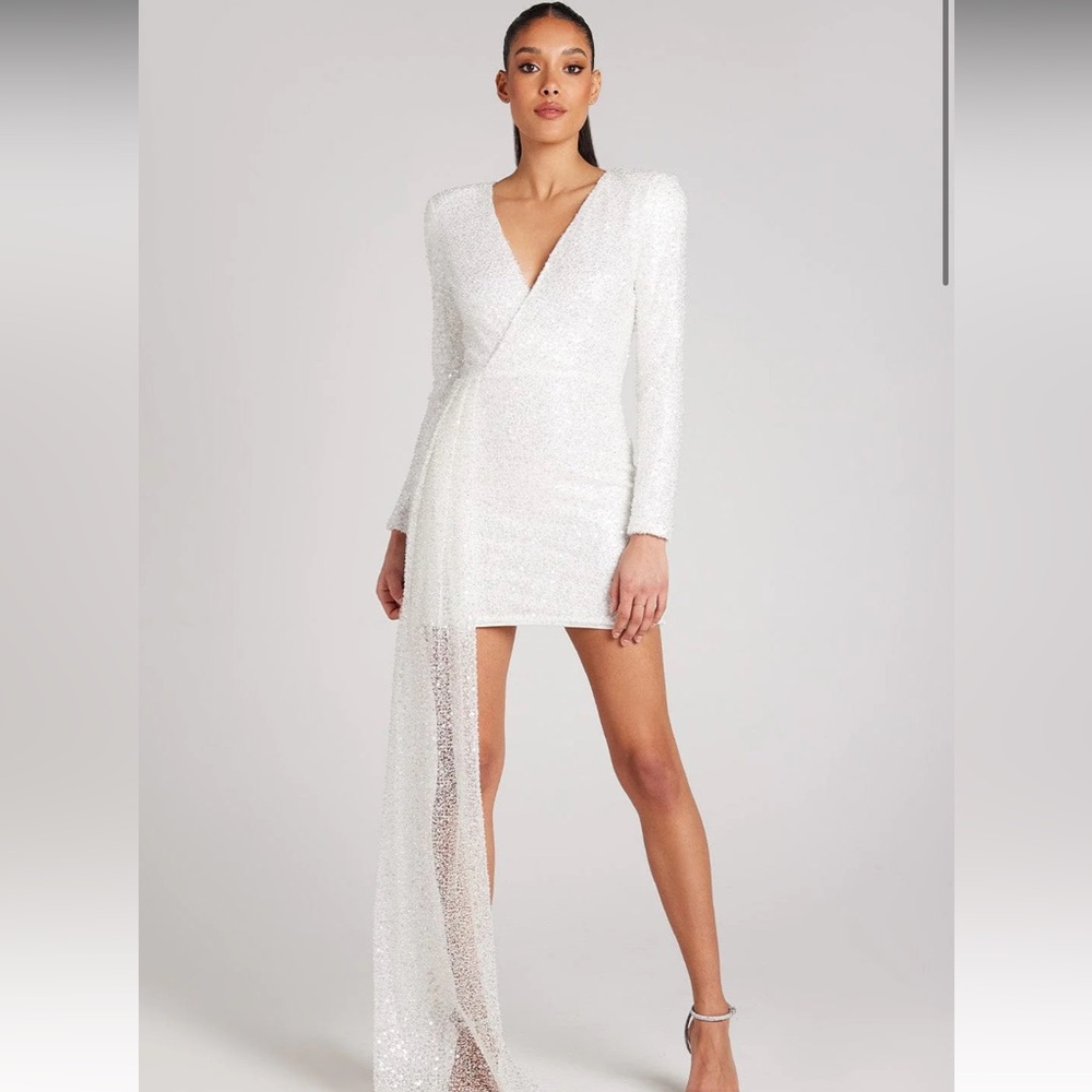 NADINE MERABI White Long Sleeve Dress with Drape